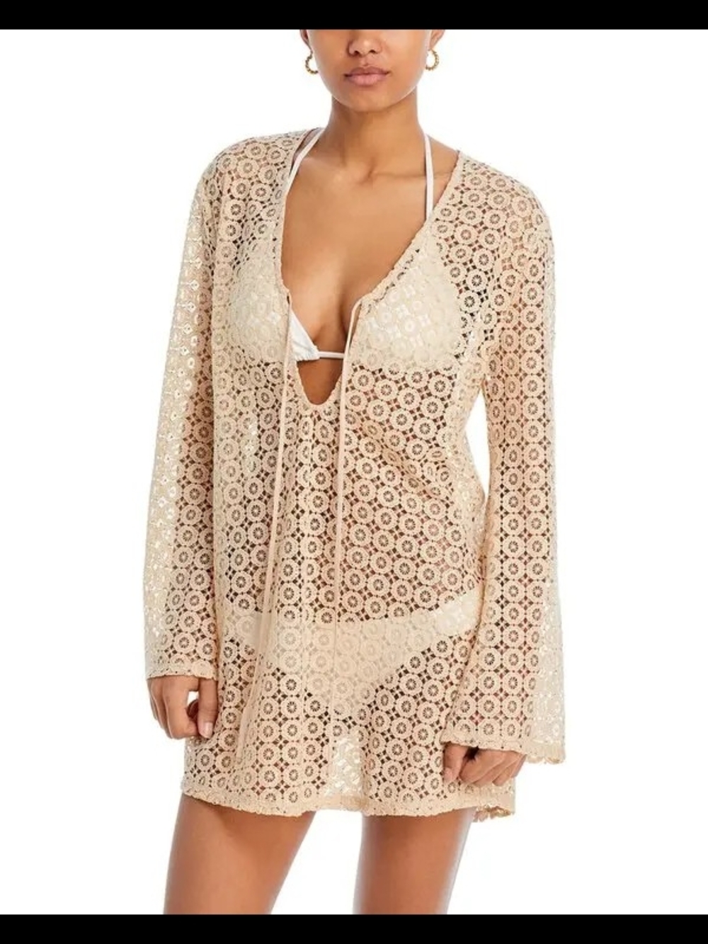 Aqua Swim Ivory Boho Lace Keyhole Mini Dress Swim Cover-Up Medium